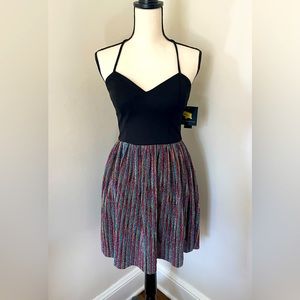 NWT IN San Francisco Sparkly Party Dress Crossback Pleated Black‎ Rainbow Size S